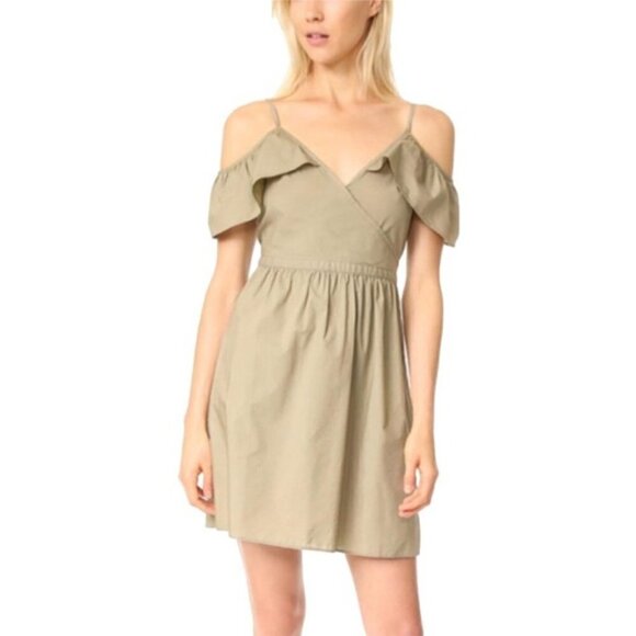Madewell Women's Size 00 Cold Shoulder Dress Khaki Ruffles Style G7782 Tan - Picture 3 of 11